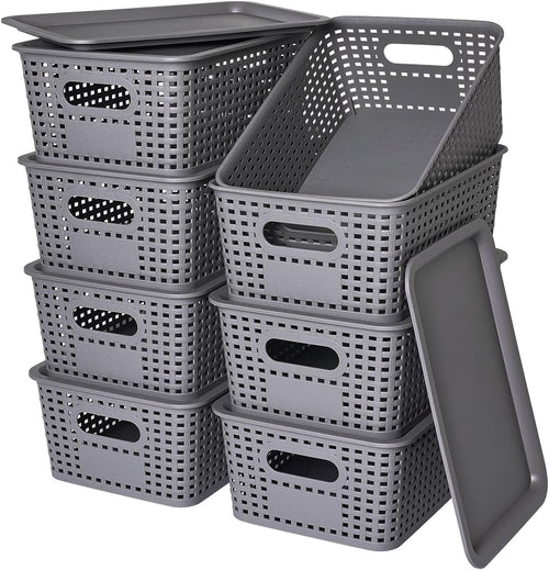 Plastic Storage Baskets with Lid - Plastic Storage Containers Stackable Storage bins: Storage Baskets for Organizing Shelves Drawers Desktop Closet Playroom Classroom Office, 8 Pack-Gray