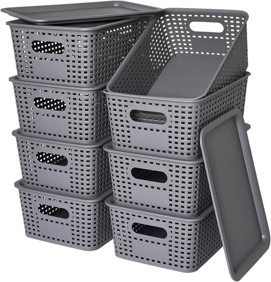 Plastic Storage Baskets with Lid - Plastic Storage Containers Stackable Storage bins: Storage Baskets for Organizing Shelves Drawers Desktop Closet Playroom Classroom Office, 8 Pack-Gray
