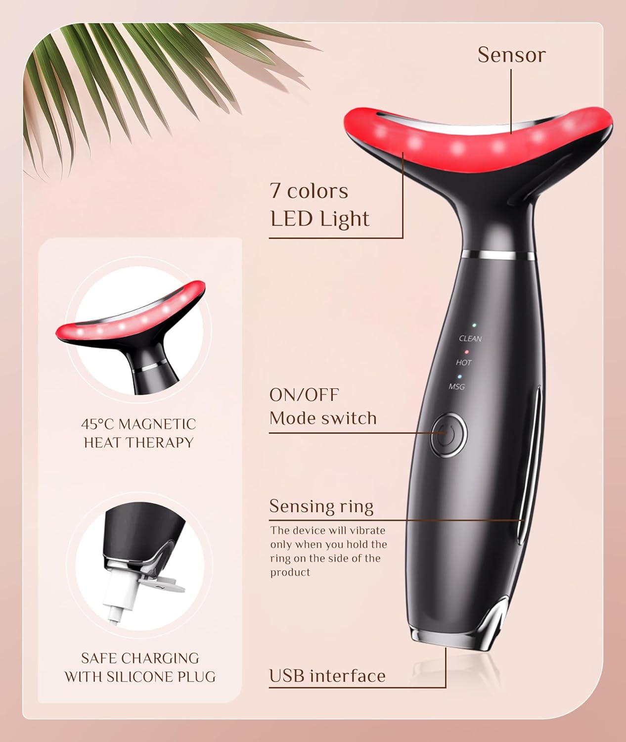 Dopsikn 7 Color Galvanic Machines - Red Light Therapy for Face and Neck, Face Massager Tool for Wrinkles, Double Chin, Vibrating Facial Massager with Thermals, Black