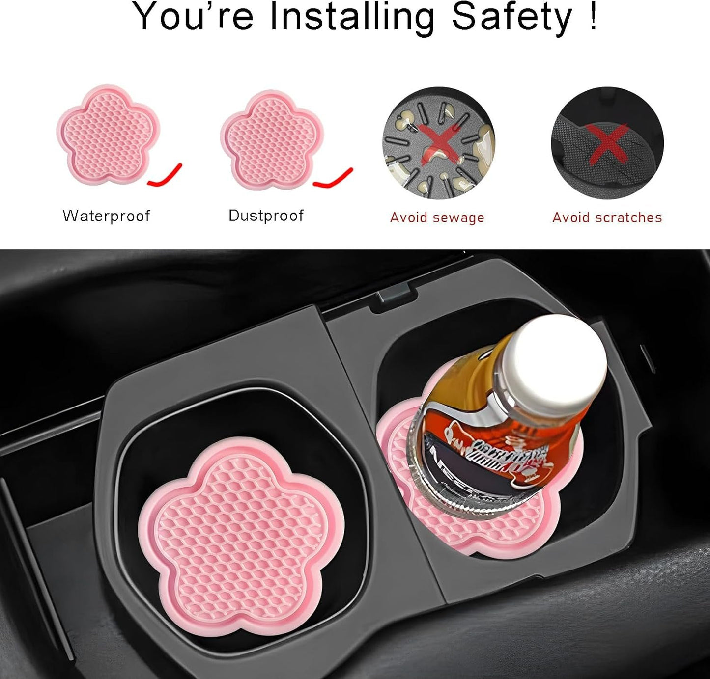 MAEZOE 4-Pack Car Cup Coaster, Universal Auto Non-Slip Cup Holder Embedded in Ornaments Silicone Coaster, Car Interior Accessories (Pink)