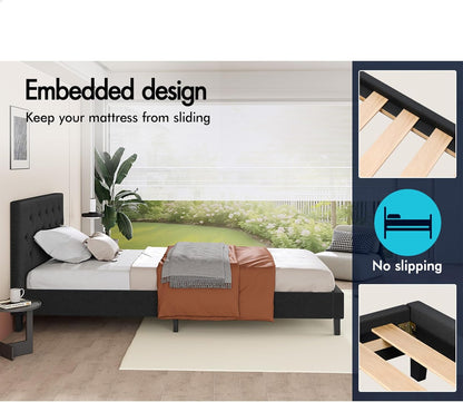 ALFORDSON Bed Frame Base Single Size, Bed Platform Foundation with Linen Fabric Upholstered Tufted Headboard for Mattress Topper, Madelyn Fabric Charcoal