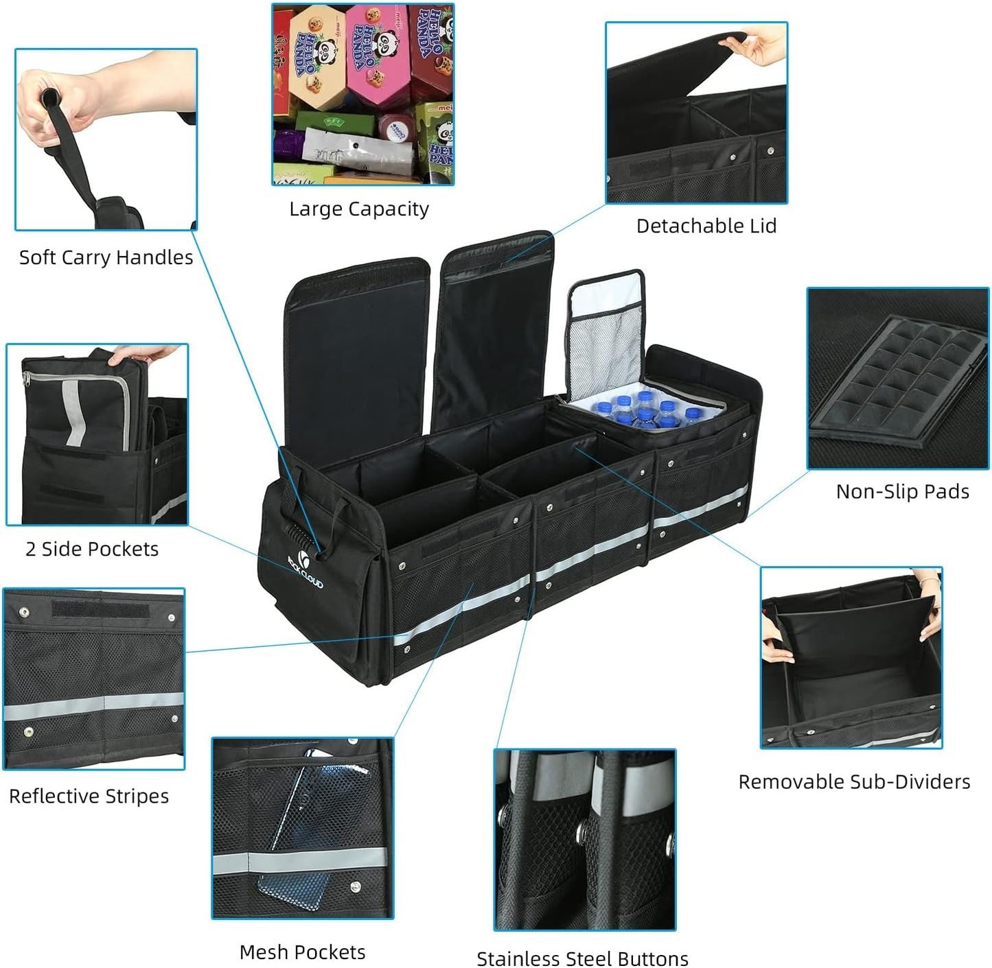 Rock Cloud Car Trunk Organizer (80L) Automotive boot bags Waterproof Foldable Cover Multi Compartment Expandableï¼ˆwith Insulated Leakproof Cooler Bag + 2mm PE Boardï¼‰