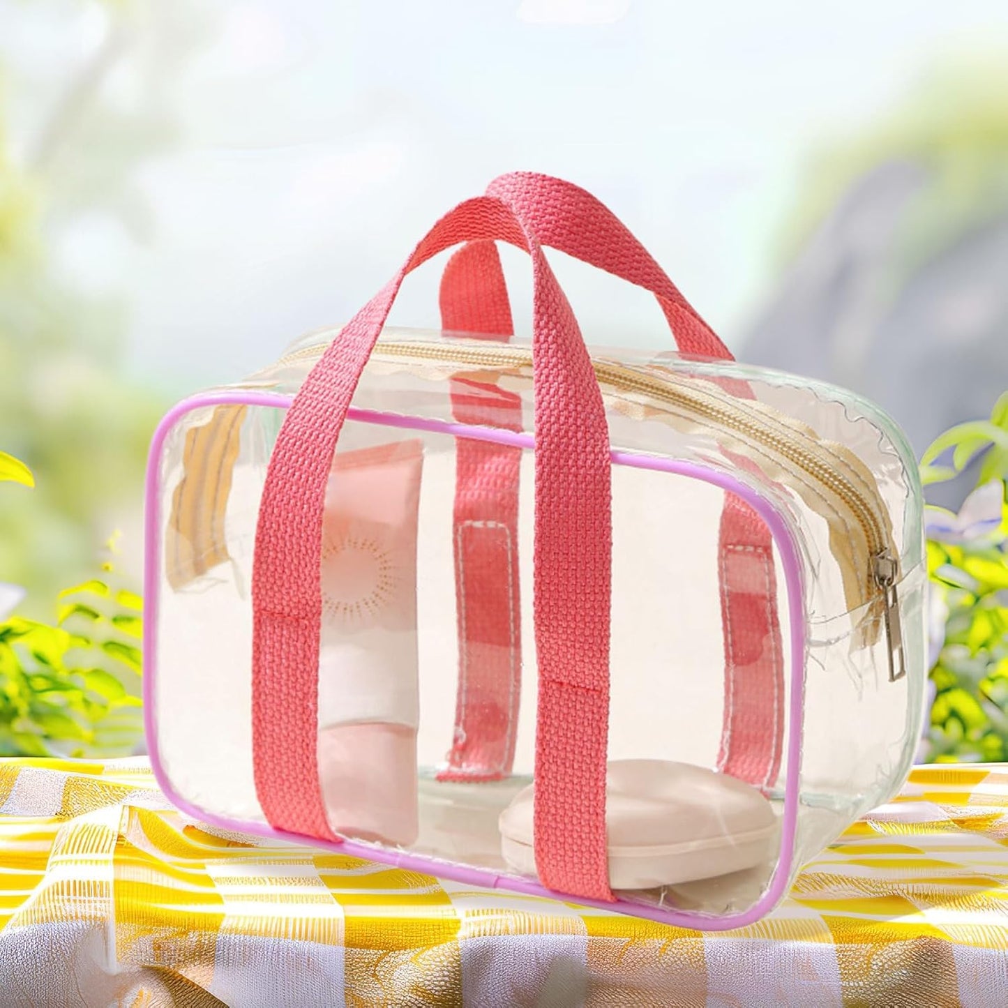 Clear Makeup Bag, Portable Airplane Cosmetic Pouch, Water Resistant Zipper Toiletry Organizer, Travel Case for Airport, Gym, School, Work, Beach, 7.87 x 3.15 x 4.33 inches, Transparent