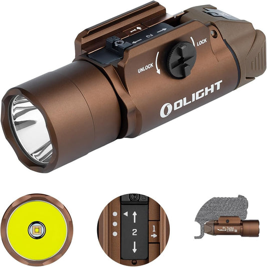 OLIGHT PL Turbo 800 Lumens Rail-Mounted Tactical Light, 515 Meters Long-Range Distance Flashlight with Strobe Function and Rail Locating Keys, Compatible with 1913 Picatinny or GL Rail (Desert Tan)