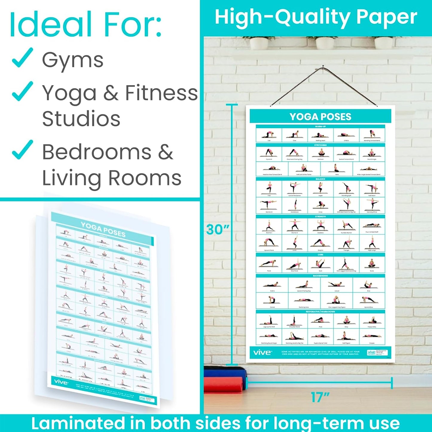 Vive Yoga Poster - Poses for Beginners and Experts - Mat Exercise Home Gym Workout Accessories Set- Double Sided Laminated Flow Chart Accessory - Instructional Guided Routine - for Women, Men