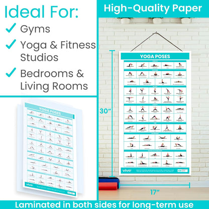 Vive Yoga Poster - Poses for Beginners and Experts - Mat Exercise Home Gym Workout Accessories Set- Double Sided Laminated Flow Chart Accessory - Instructional Guided Routine - for Women, Men