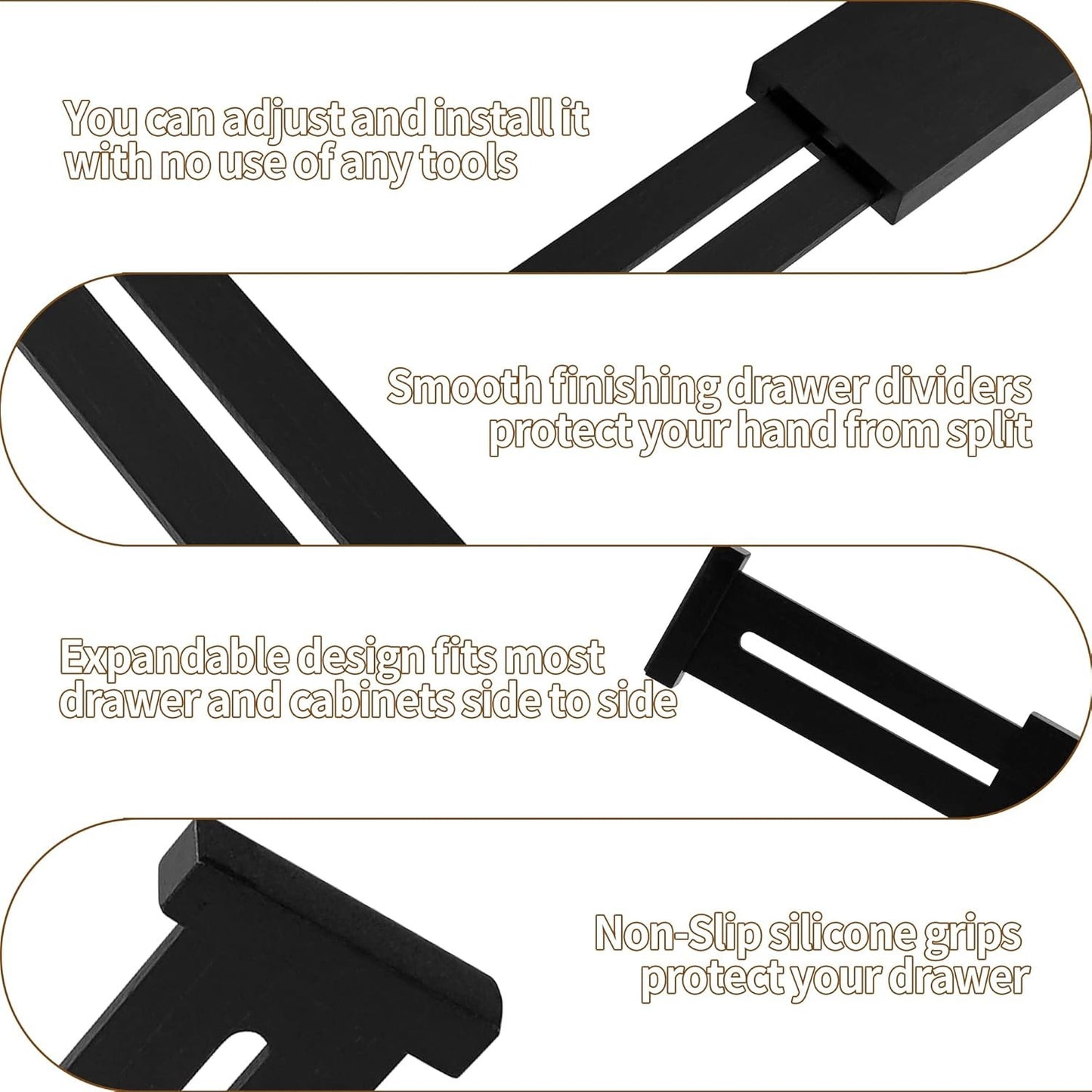 Utoplike 4 pcs Bamboo Kitchen Drawer Dividers,Adjustable Black Drawer Organizers,Spring Loaded,Works in Kitchen,Dresser,Bathroom,Bedroom,Drawer,Desk