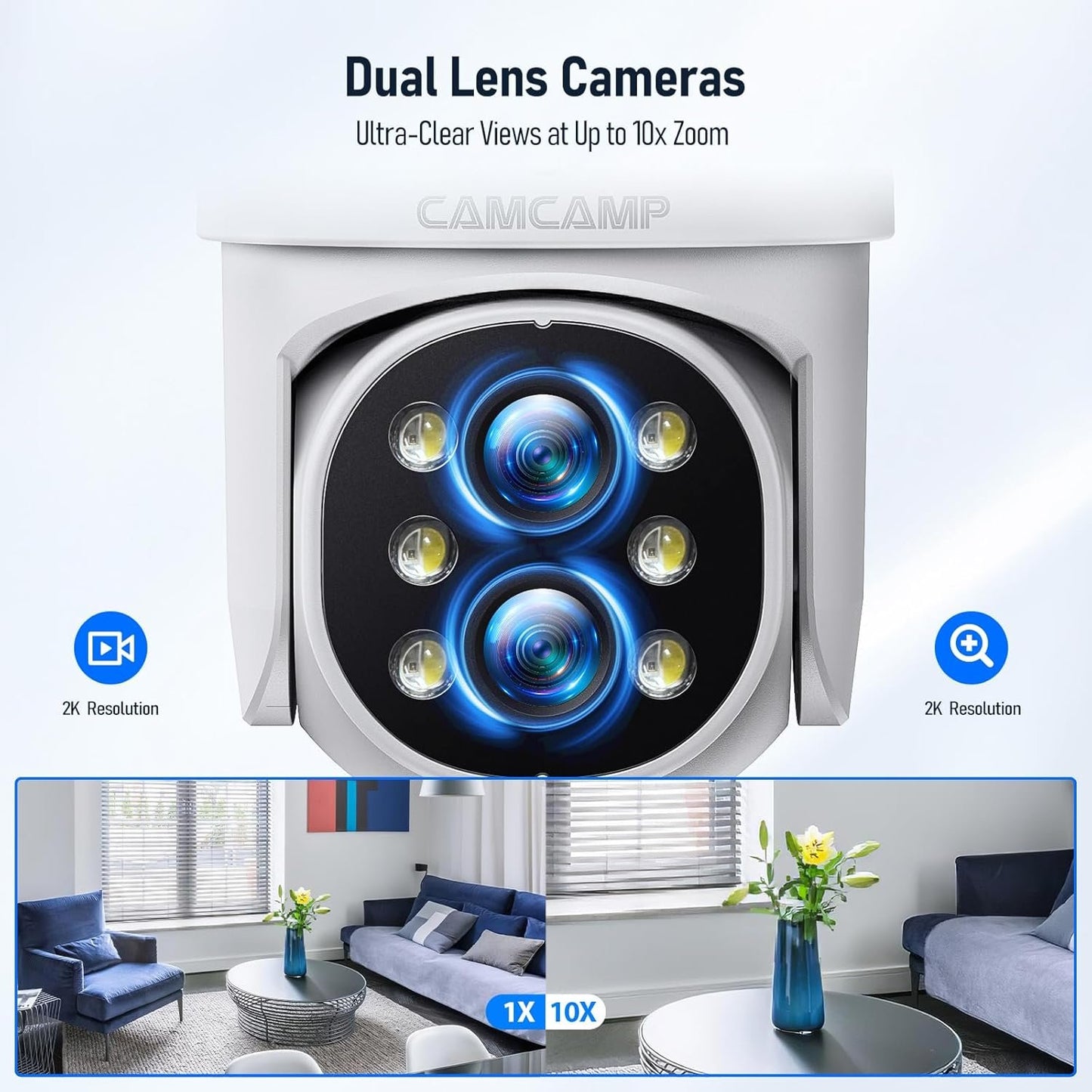 CAMCAMP Security Camera System, 10X Zoom Dual Lens Camera Kit with 10.1" LCD Monitor, 10 CH & Color Night Vision, Auto Tracking, 2-Way Audio, 500 GB HDD – Home Security Cameras Wireless Outdoor
