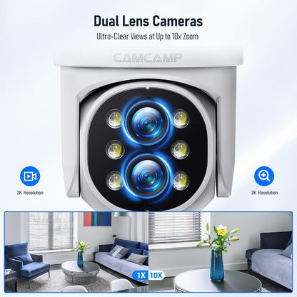 CAMCAMP Security Camera System, 10X Zoom Dual Lens Camera Kit with 10.1" LCD Monitor, 10 CH & Color Night Vision, Auto Tracking, 2-Way Audio, 500 GB HDD – Home Security Cameras Wireless Outdoor