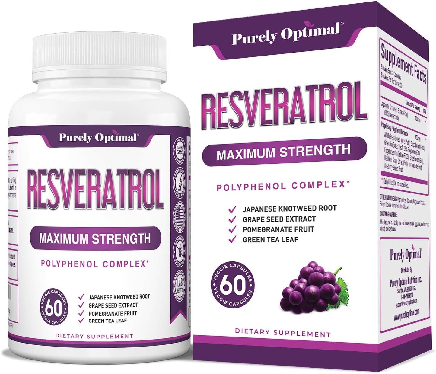 Purely Optimal Resveratrol 1500mg - High Potency Trans-Resveratrol Supplement with Polyphenols, 60 Vegan Capsules - Supports Graceful Aging, Vitality, Immune Function & Total Body Wellness