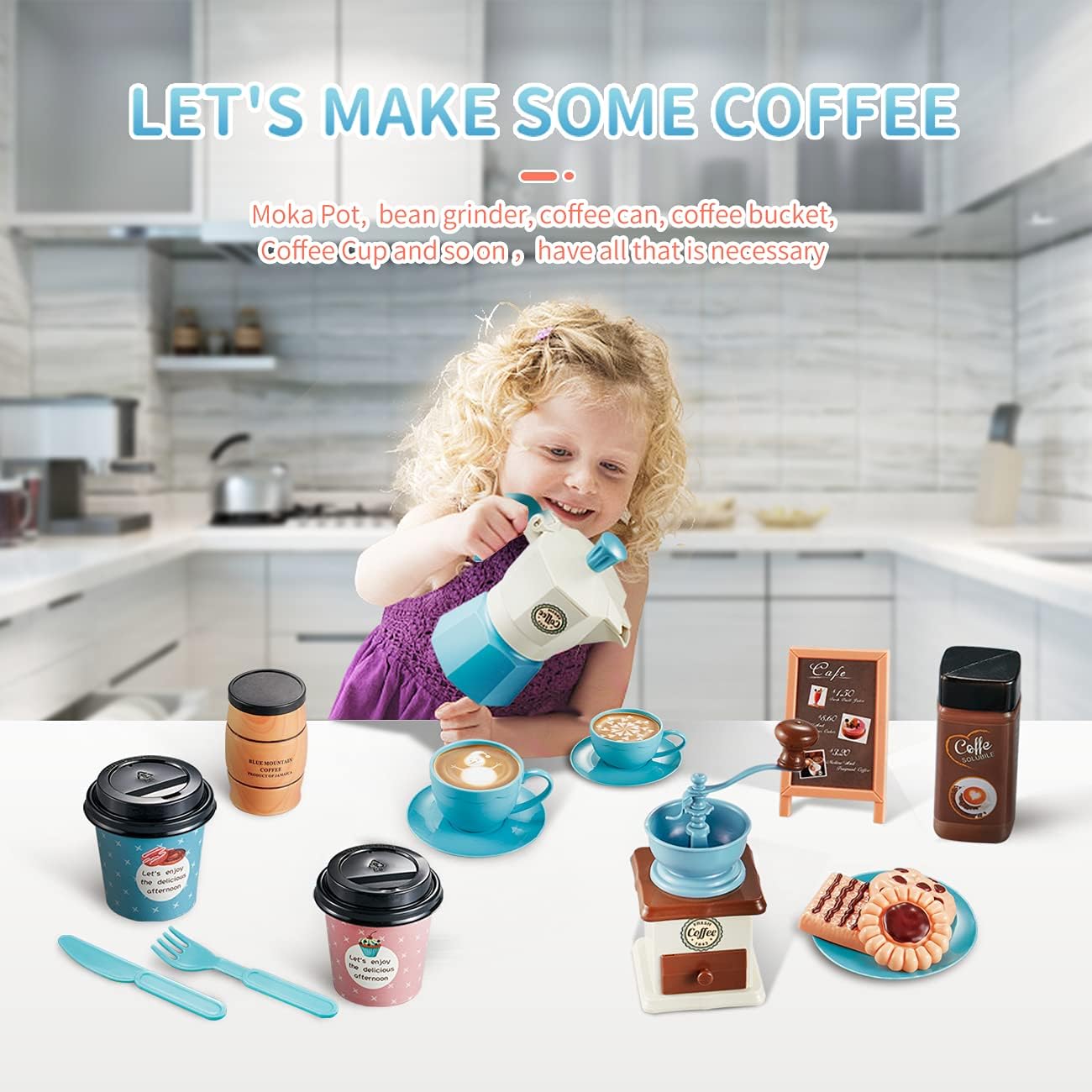 CYZAM Tea Party Set Pretend Play Food Playset Accessories, Coffee Pot Dessert Play Kitchen Set Toy for 3 4 5 6 7 8 Years Old Kids Boys Girls