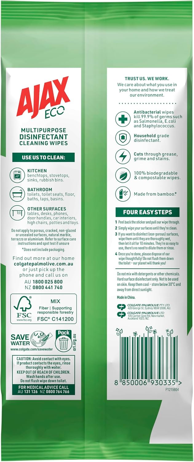Ajax Eco Antibacterial Disinfectant Surface Cleaning Wipes, Bulk 110 Pack, Fresh Lemon, Multipurpose, Biodegradable and Compostable, Made with Bamboo Fibres