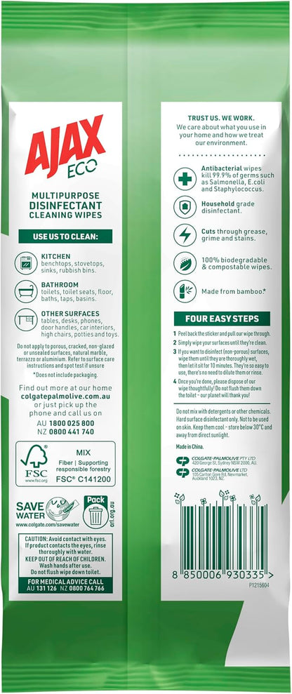 Ajax Eco Antibacterial Disinfectant Surface Cleaning Wipes, Bulk 110 Pack, Fresh Lemon, Multipurpose, Biodegradable and Compostable, Made with Bamboo Fibres