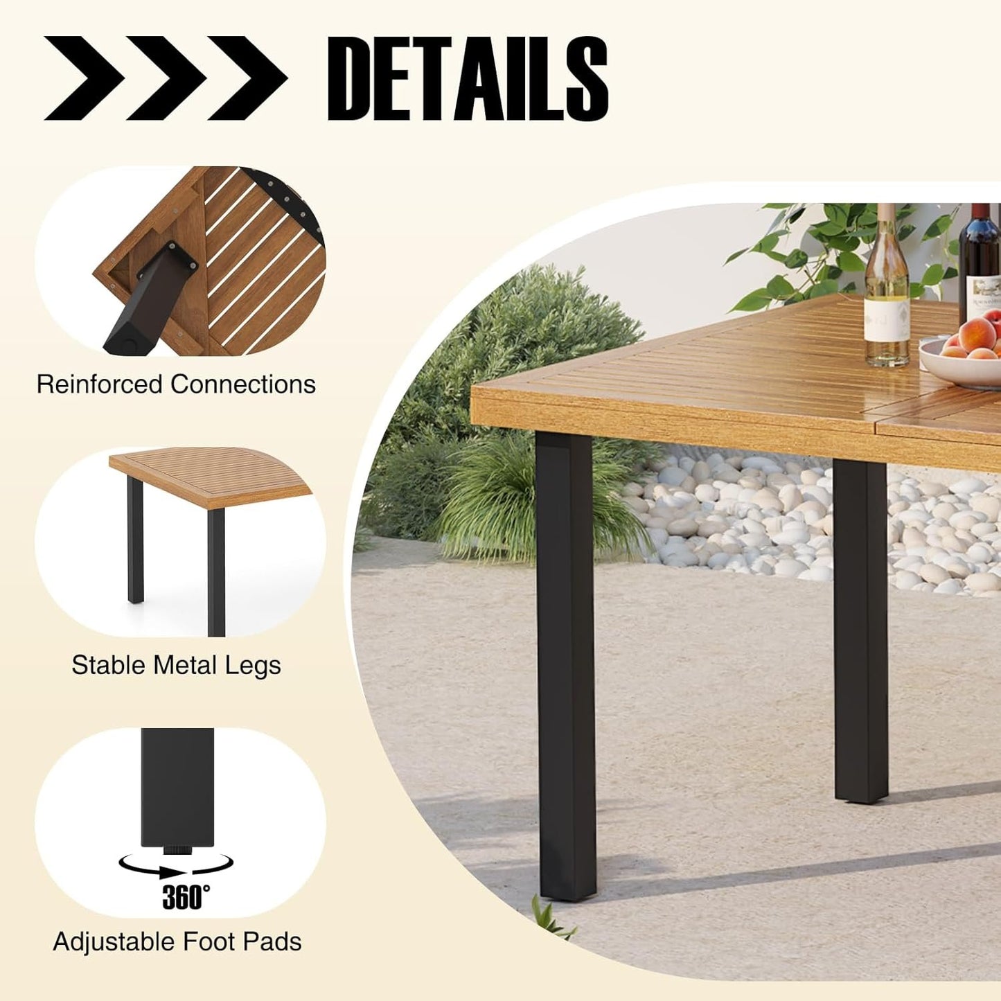 HAPPYGRILL Patio Dining Table for 8, 79" Large Rectangle Table with Acacia Wood Tabletop & Heavy Duty Metal Legs, Outdoor Dining Table with 2" Umbrella Hole for Backyard, Lawn & Garden