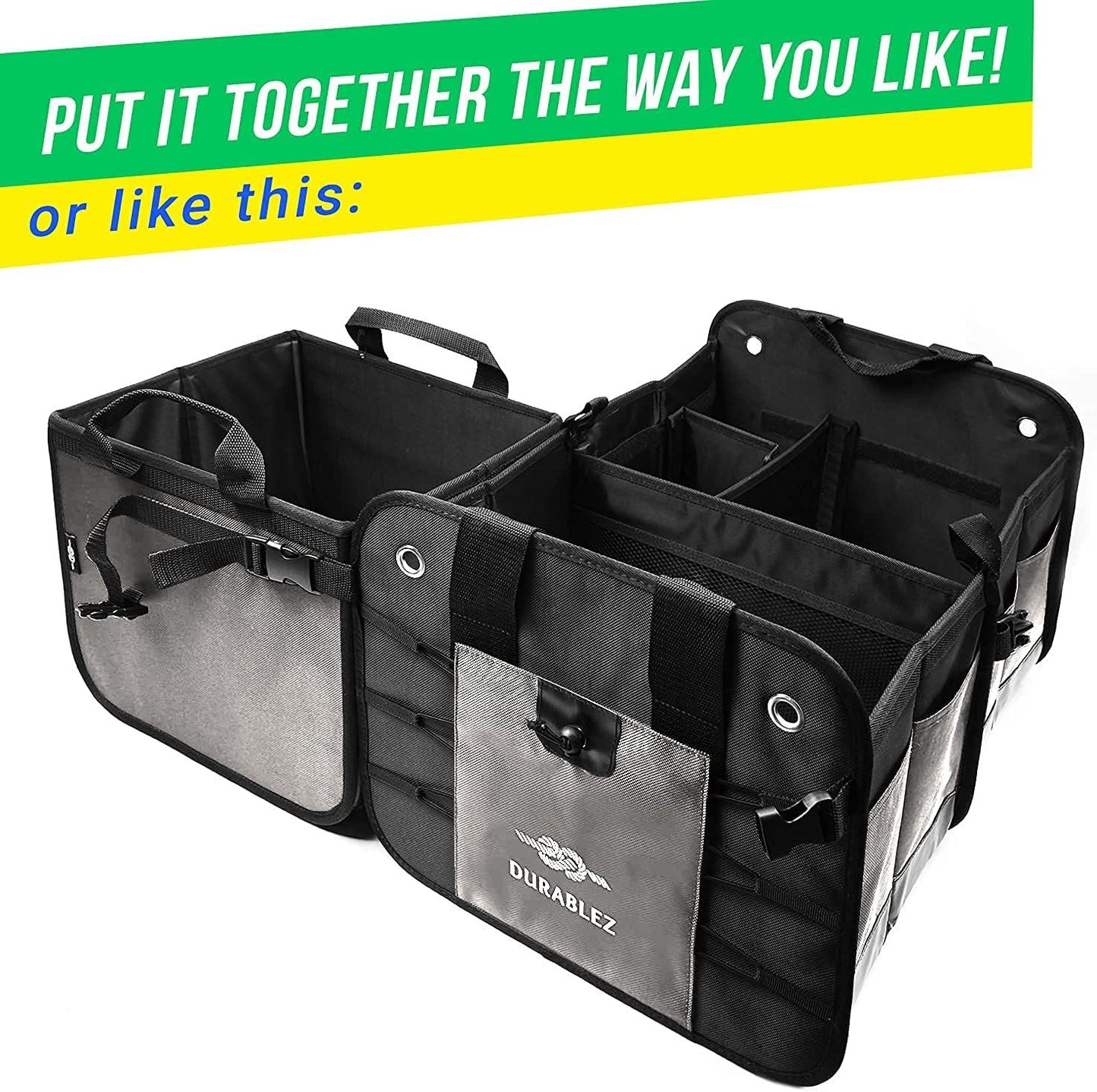 Large Car Trunk Organizer - Trunk Storage - Modular Detachable Configurable Collapsible - for SUV Minivan Truck Sedan Van - 3 Compartment XL, Two Shades of Gray