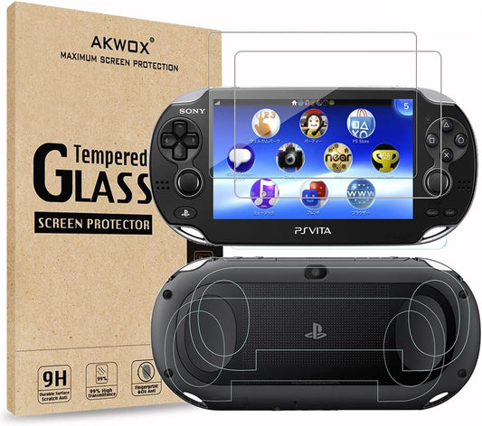 (4-Pack) Screen Protectors for Sony PlayStation Vita 1000 with Back Covers, Akwox 9H Tempered Glass Front Screen Protector and HD Clear Crystal PET Back Screen Protective Film for PS Vita PSV 1000