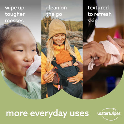 WaterWipes Plastic-Free Textured Clean, Toddler & Baby Wipes, 99.9% Water Based Wipes, Unscented & Hypoallergenic for Sensitive Skin, 240 Count (4 packs), Packaging May Vary