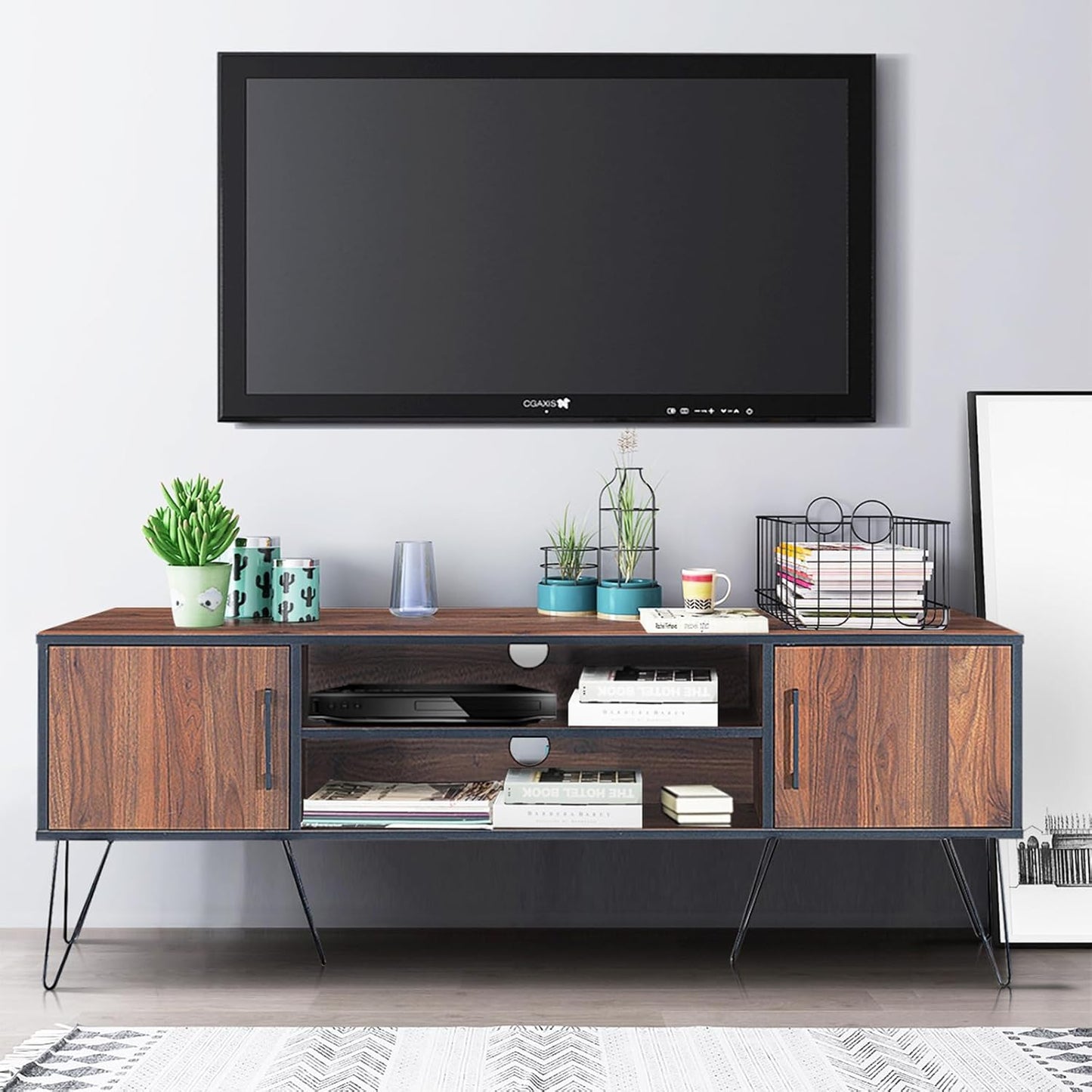 COSTWAY TV Stand Up to 60", TV Stand with 2 Doors, Cable Holes and Adjustable Shelf, TV Stand with Metal Legs for Living Room, Bedroom, 150 x 39 x 56 cm, Mrrone
