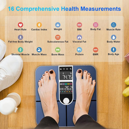 Healthkeep Personenwaage, angeschlossen, Bluetooth, mit 2 VA-Bildschirmen und ITO-Beschichtungstechnologie, 16 Körperdaten mit Herzfrequenz, App, für Android und iOS 180 kg/400 lb, silberfarben