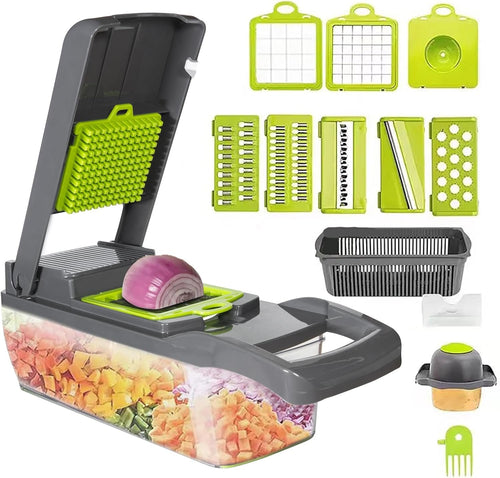 Vegetable Chopper Cutter Slicer Multifunctional 13-in-1 Food Veggie Onion Potato Fruit Chopper Cutter Dicer with Container, 8 Interchangable Blades, Hand Protector, Drain Strainer, Cleaning Brush