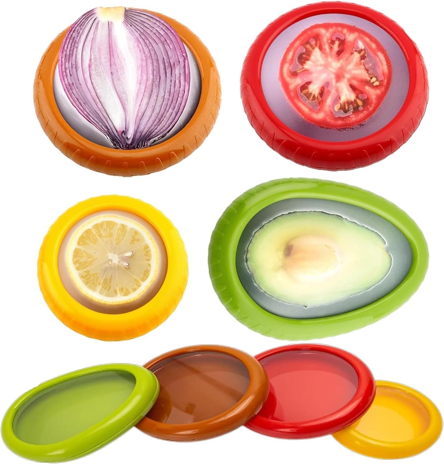 Avocado Saver and Tomato Holder - Set of 4 Reusable Silicone Fruit and Vegetable Storage Containers for Fridge - Ideal for Garlic, Onions, Lemons, and Potatoes