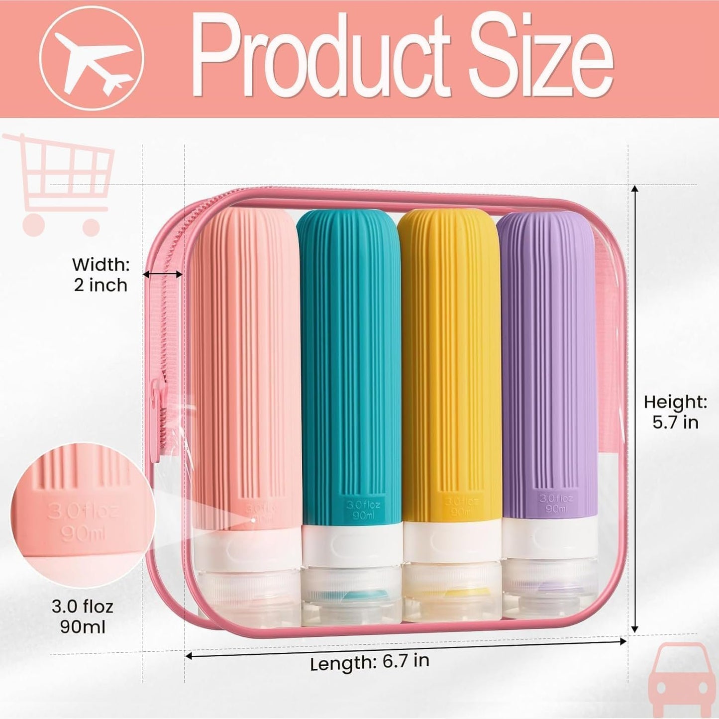 JIAXINGBING Travel Toiletry Bottles, 4pcs TSA Approved 90ml Silicone Travel Size Containers, Leak Proof, Transparent