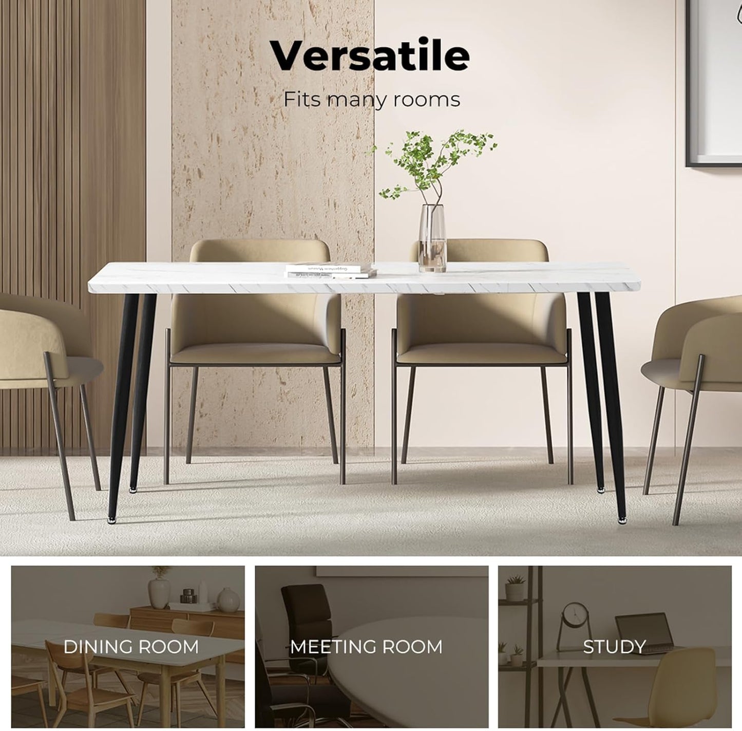 Levede Kitchen Dining Table Marbled White for 4-6 Seater, Rectangular Contemporary White Pattern Marble Top Dinner Tables with Tapered Steel Legs for Home/Kitchen/Cafe(150cm x 85cm x 75cm, White)