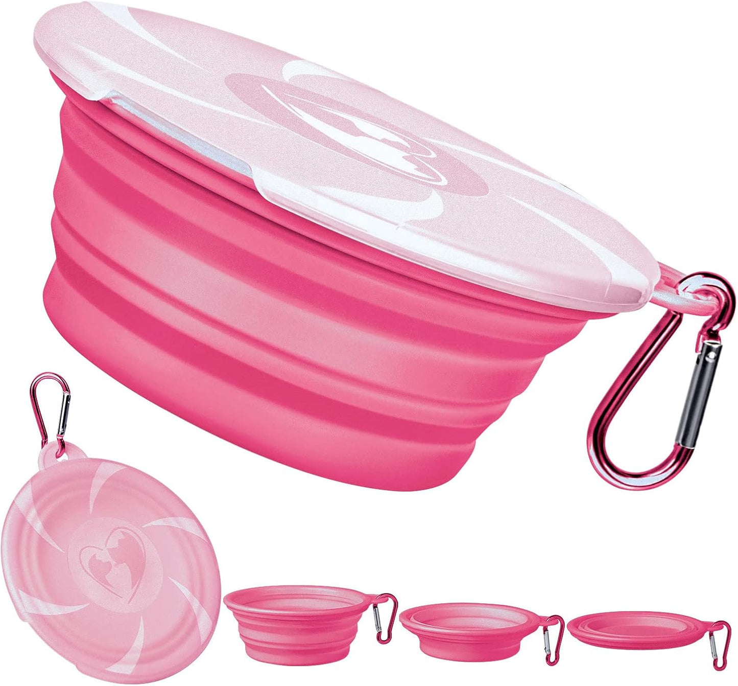 Collapsible Dog Bowl - Travel Dog Bowls with Lids & Carabiners, Portable Pet Bowls Silicone Feeding Watering Bowls Dish for Dogs Cats, 450ml/15oz Collapsable Doggy Bowl for Hiking Camping (Pink)
