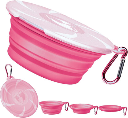 Collapsible Dog Bowl - Travel Dog Bowls with Lids & Carabiners, Portable Pet Bowls Silicone Feeding Watering Bowls Dish for Dogs Cats, 450ml/15oz Collapsable Doggy Bowl for Hiking Camping (Pink)