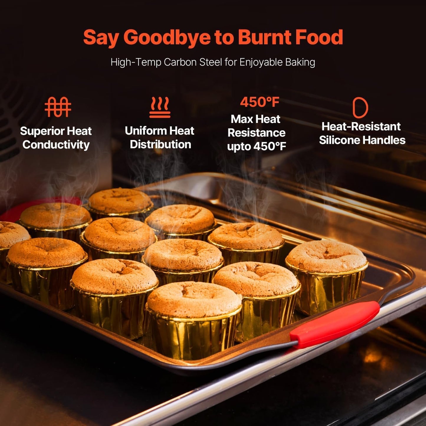 VEVOR Baking Pans Set, 3-Piece, Nonstick Carbon Steel Cookware Sheets & Trays, Stackable Kitchen Oven Bakeware Cooking Sets with Silicone Handles, Easy to Clean, for Baking Cookie Cake Muffin Bread