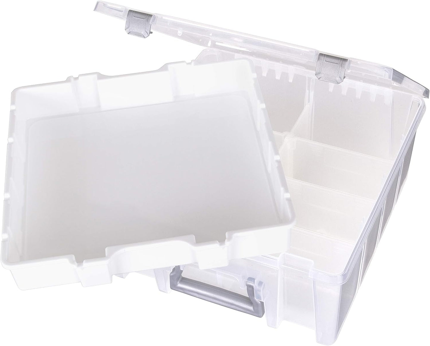 AB Designs 6899ABD Super Satchel Double Deep with Lift-Out Tray and Removable Dividers, Stackable Home Storage Organization Container, Clear with Sliver Latches and Handle