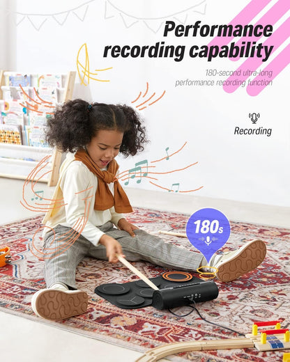 Donner Electronic Battery, 7 Pad Electric Roll-Up Battery, Silent Battery Built-in Speaker for Children/Beginners, 40 Drum Lessons Included (DED-20)