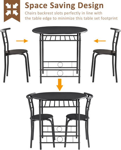 VECELO 3-Piece Dining Table Set for Kitchen Breakfast Nook, Wood Grain Oval Tabletop and Metal Frame with Built-in Wine Rack, for Small Spaces, Black