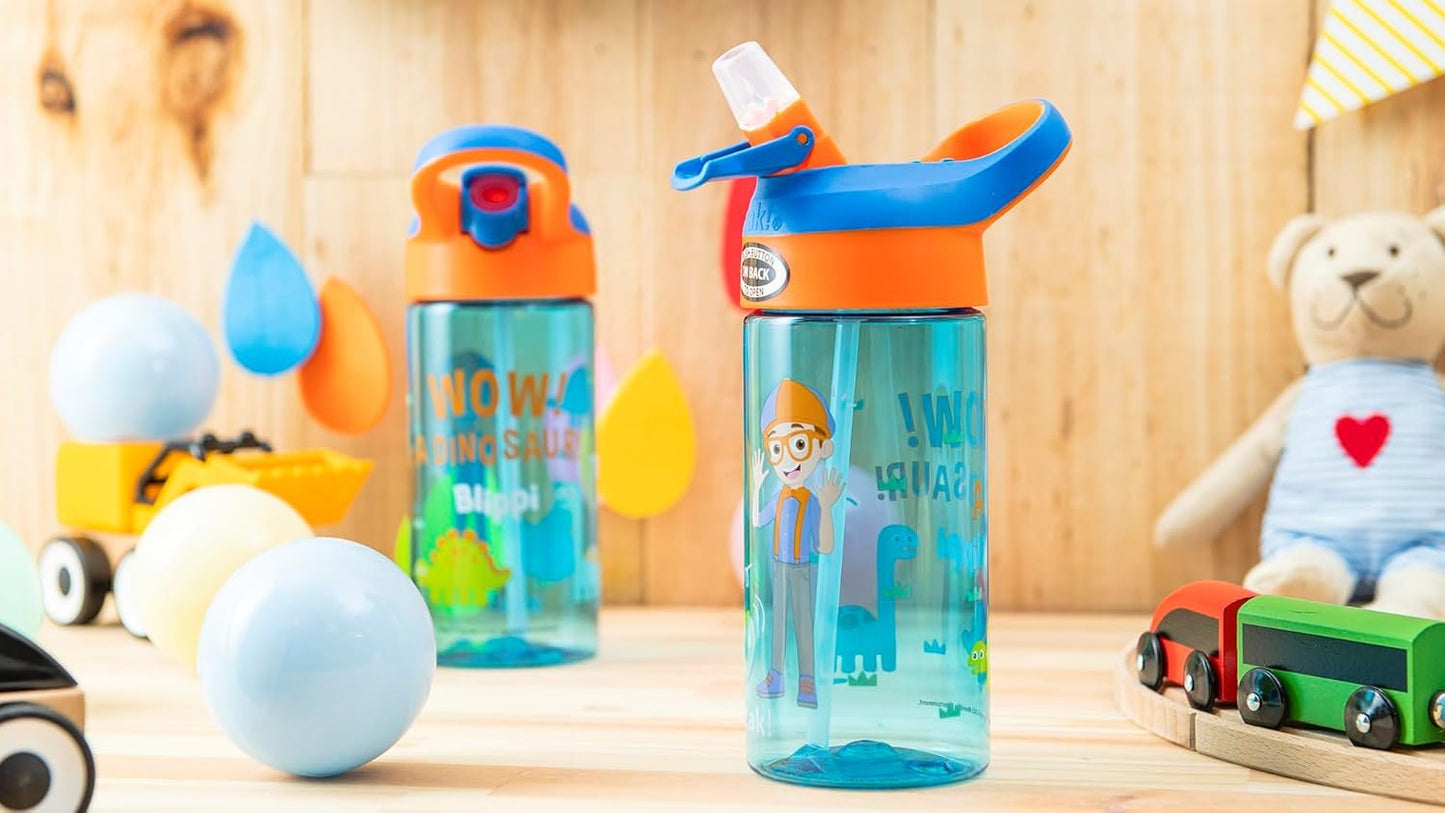 Zak Designs Blippi Kids Water Bottle with Spout Cover and Built-in Carrying Loop, Made of Durable Plastic, Leak-Proof Water Bottle Design for Travel (17.5 oz, Pack of 2)