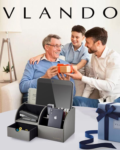 Vlando Professional Desk Organizer with Drawer, Office Supplies, 5 Compartment Desktop Storage Holder, Gray