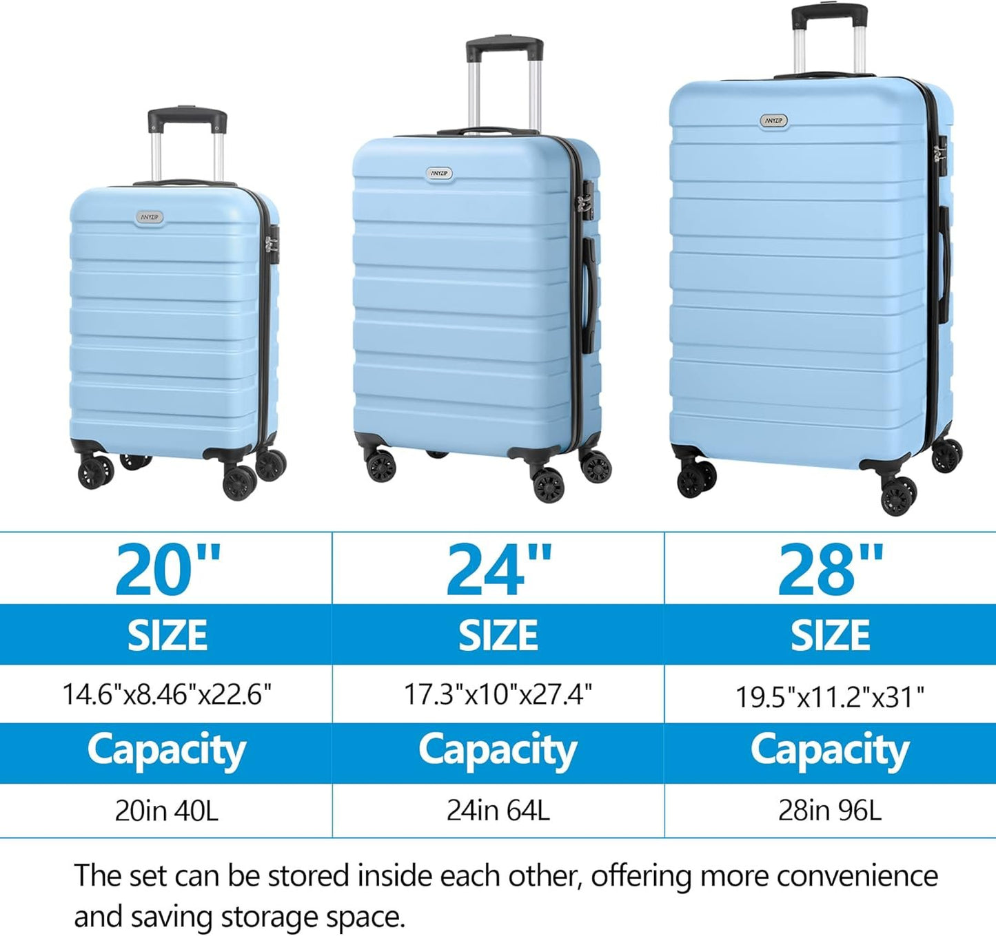 Luggage Sets 3 Piece AnyZip PC ABS Hardside Suitcase with 4 Universal Wheels TSA Lock Carry On 20 24 28 Inch (Light Blue)