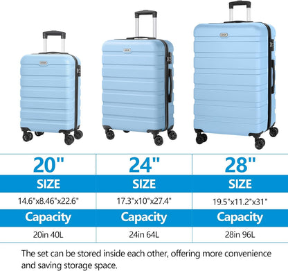Luggage Sets 3 Piece AnyZip PC ABS Hardside Suitcase with 4 Universal Wheels TSA Lock Carry On 20 24 28 Inch (Light Blue)