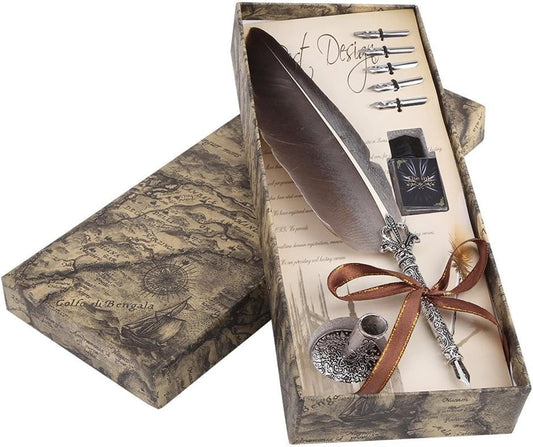 Antique Feather Dip Pen Quill Pen Calligraphy Metal Nibbed Pen Writing Ink Set Stationery Gift Box 5 Nibs(Black)