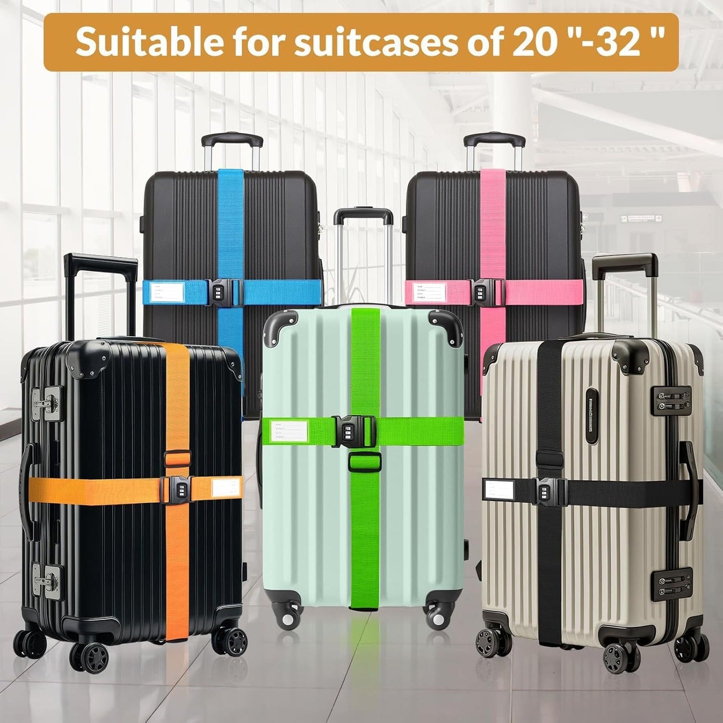4 Pack Luggage Straps with Combination Lock and Name ID Card, 2M Adjustable Belts Keep Suitcase Secure While Traveling, Luggage Accessories to Secure Bag Cargo Safe Quick-Release (Orange)