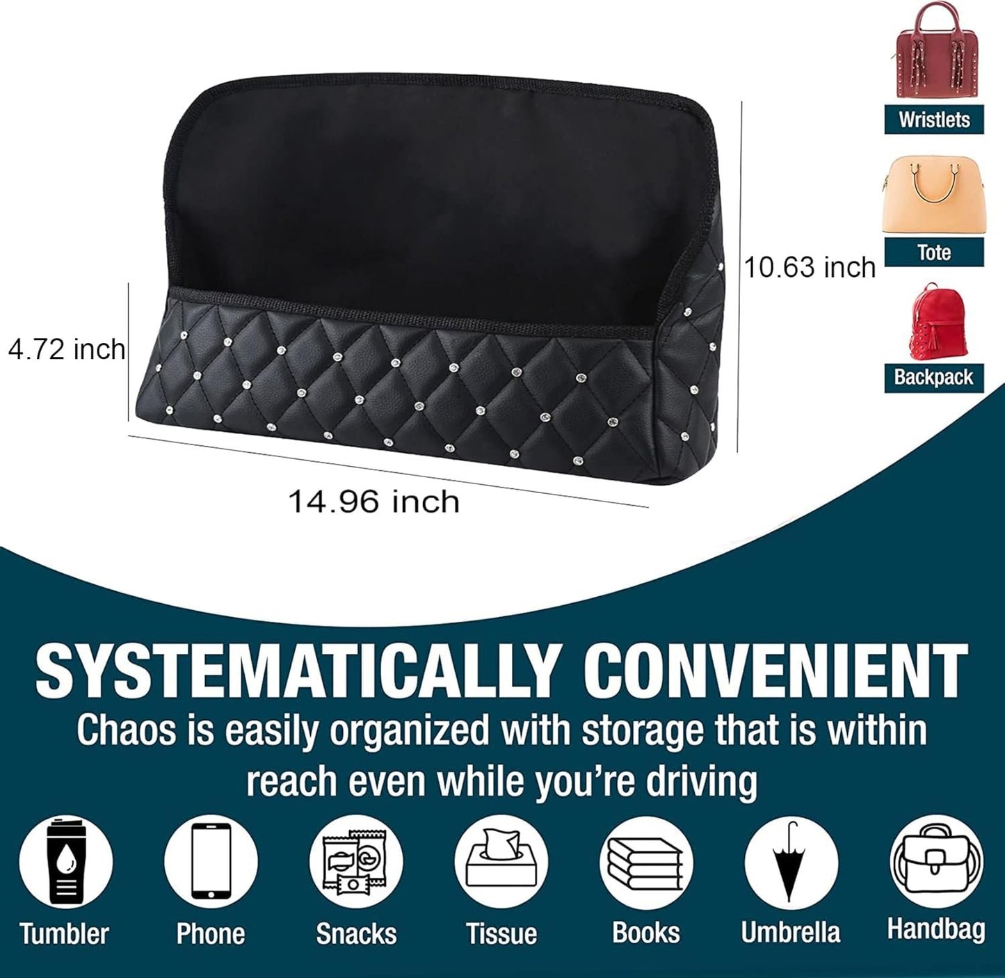 Leberna Car Seat Handbag Holder Pocket - Leather Storage Net Pocket with Diamond Bling Handbag Holder Between Car Seat Black Car Organizer