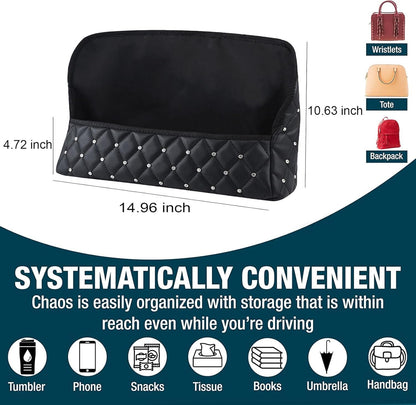 Leberna Car Seat Handbag Holder Pocket - Leather Storage Net Pocket with Diamond Bling Handbag Holder Between Car Seat Black Car Organizer