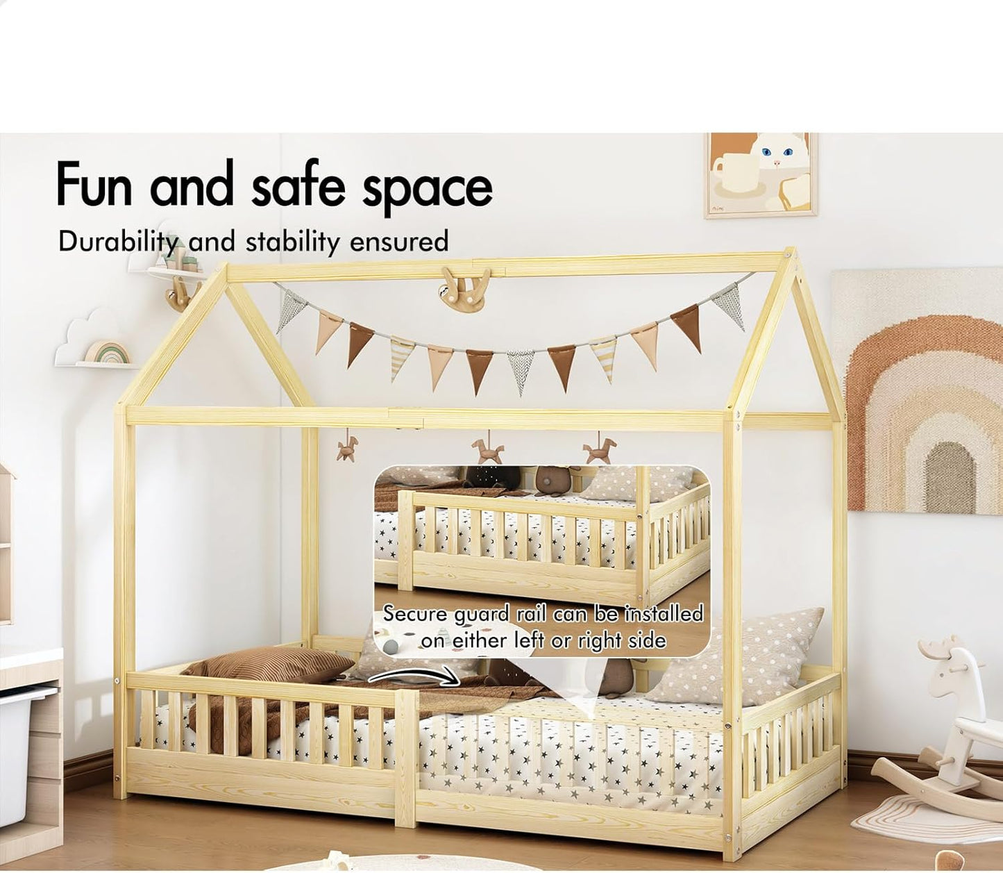 ALFORDSON Renaud Series Oak Kids Bed Frame, Wooden Bedroom Furniture, House Frame Single Mattress Base Platform, Solid Pine Wood Bed Base Foundation Children's Beds