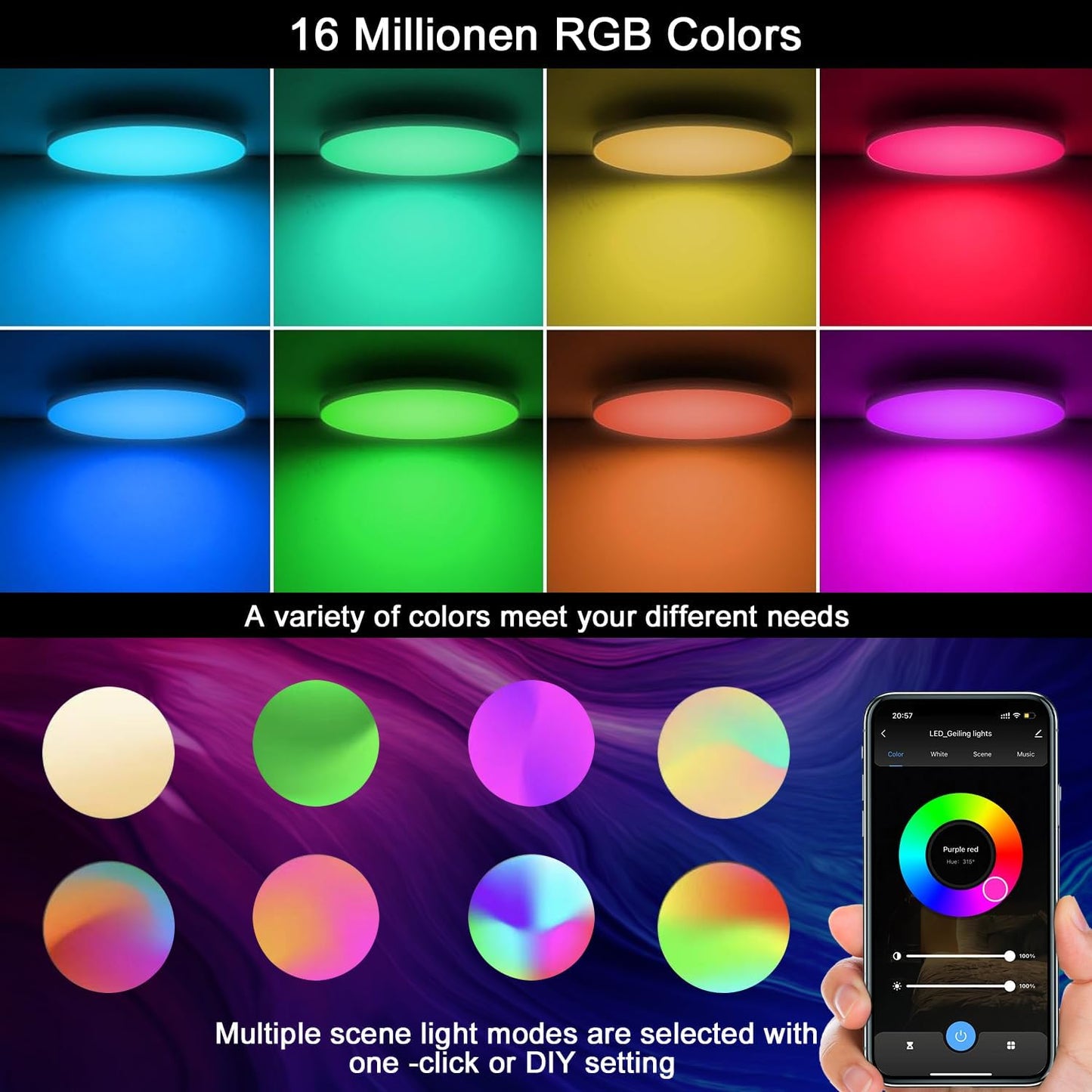 Eregou Dimmable LED Ceiling Light, 24W 2400LM Smart RGB LED Ceiling Light Alexa, Living Room Lamp IP44 Bedroom Lamp, Compatible with Alexa APP Google Assistant, 2700K-6500K