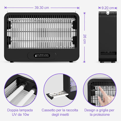 Mosquito Killer Lamp, Double Side 4000 V Electric Mosquito Net, 20 W UV Mosquito Lamp with Remote Control, 2 Reserve Bulbs, Effective Area 100 m², Suitable for Kitchen, Bedroom, Office (Black)