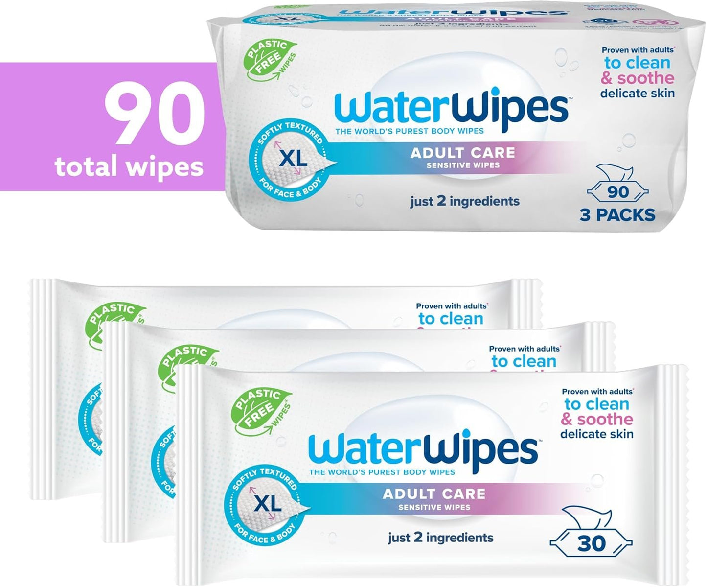 WaterWipes Adult Care Sensitive Body & Intimate Hygiene Wipes, 90 Wipes (3 Packs), Extra Large Textured, 99.9% Water-Based, For Everyday Personal Uses
