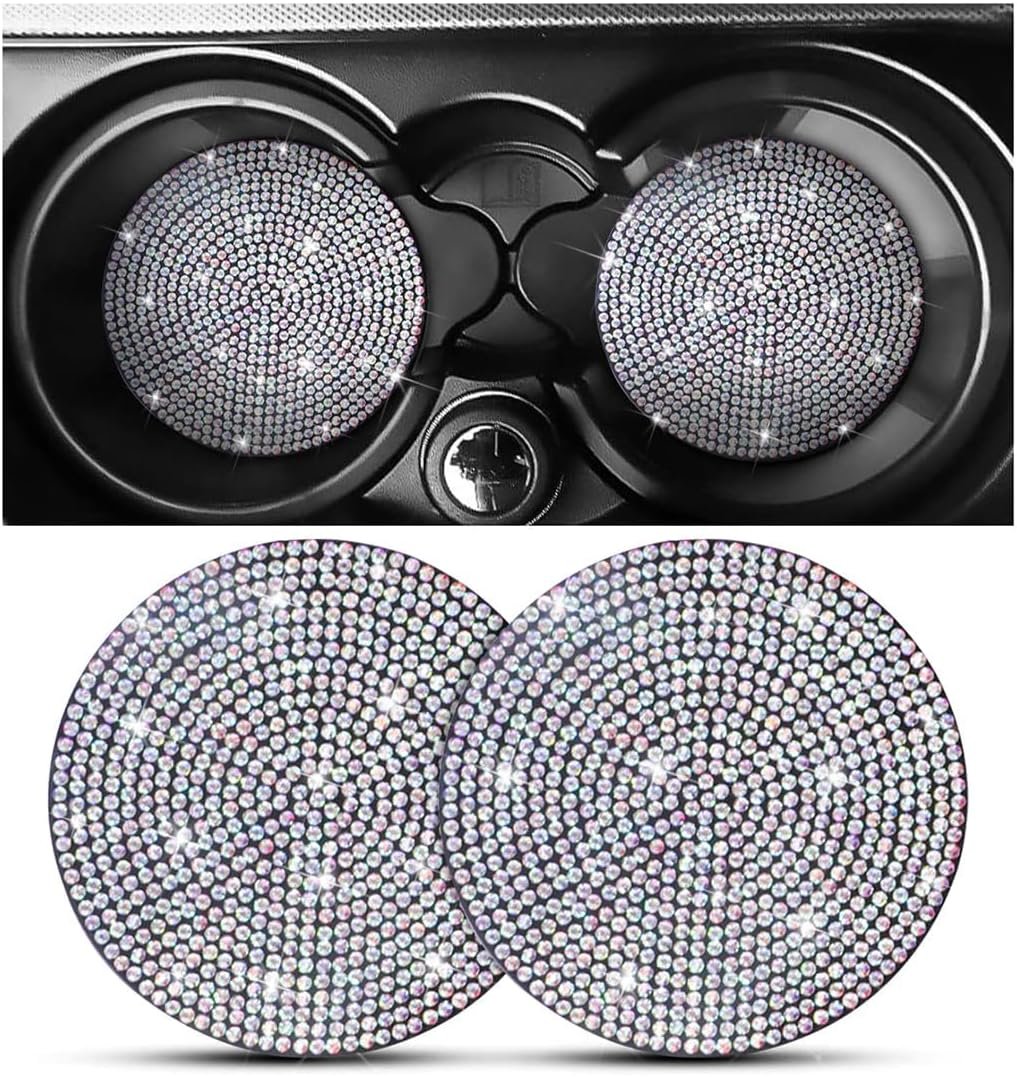 Car Cup Coaster, Universal Bling Crystal Rhinestone Car Cup Insert Coaster, 2.75 inch Anti-Slip Shockproof Cup Mat, Auto Drink Pad Car Interior Accessories for Women Men (AB Colorful Crystal)