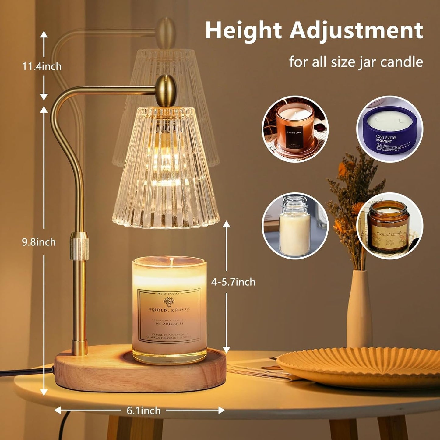 Candle Warmer Lamp with Timer and Dimmer Adjustable Height, Candle Warmer with 2 Bulbs for Scented Jar Candles Home Decor Christmas Gifts