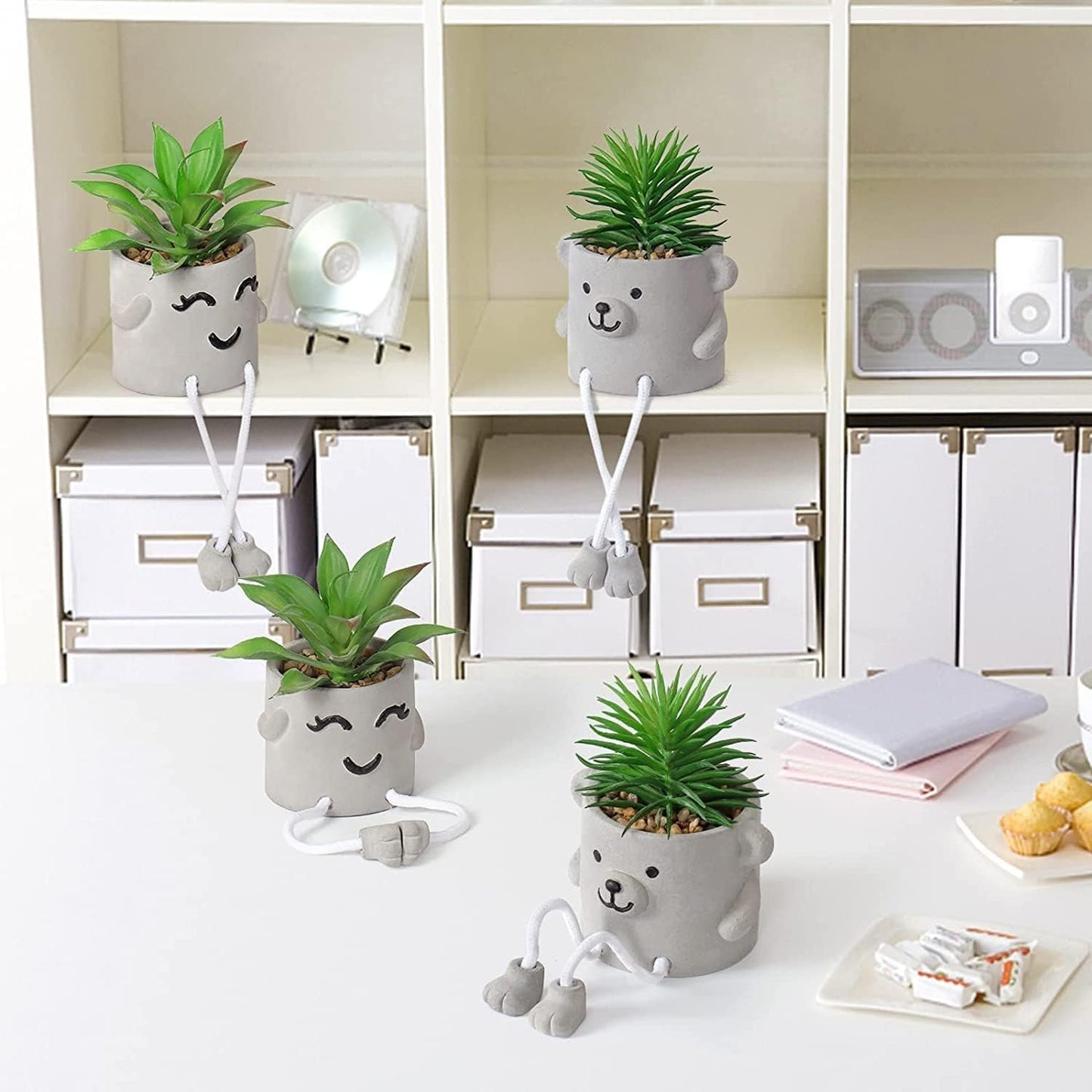 Alynsehom Artificial Potted Plant,Cute Fake Succulent Plant with Hanging Leg,Emotional Cement Faux Succulent Potted Plant Decor for Home Office Table Desk Living Room Shelves(Bear&Smile)
