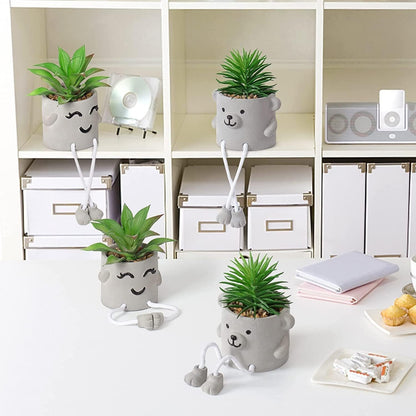 Alynsehom Artificial Potted Plant,Cute Fake Succulent Plant with Hanging Leg,Emotional Cement Faux Succulent Potted Plant Decor for Home Office Table Desk Living Room Shelves(Bear&Smile)