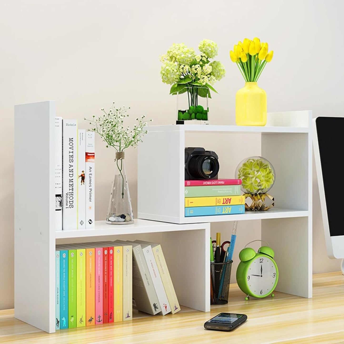 Wood Desktop Organizer, Adjustable Display Shelf Rack for Home Office Desktop Storage Supplies Organization (White)